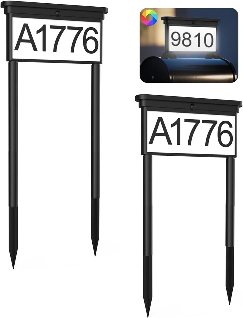 LumiZen Solar Address Sign, House Numbers for Outside Double Side, 12-Color Modes Lighting Address Plaque Outdoor Waterproof, Illuminated LED Address Numbers with Stakes for Yard Home Mailbox-2pack - Image 1
